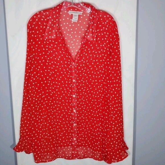 Sag Harbor Women’s Top Sz 3X Red Polka Dot Sheer Bell Sleeve Button Up Fairy - Picture 1 of 6